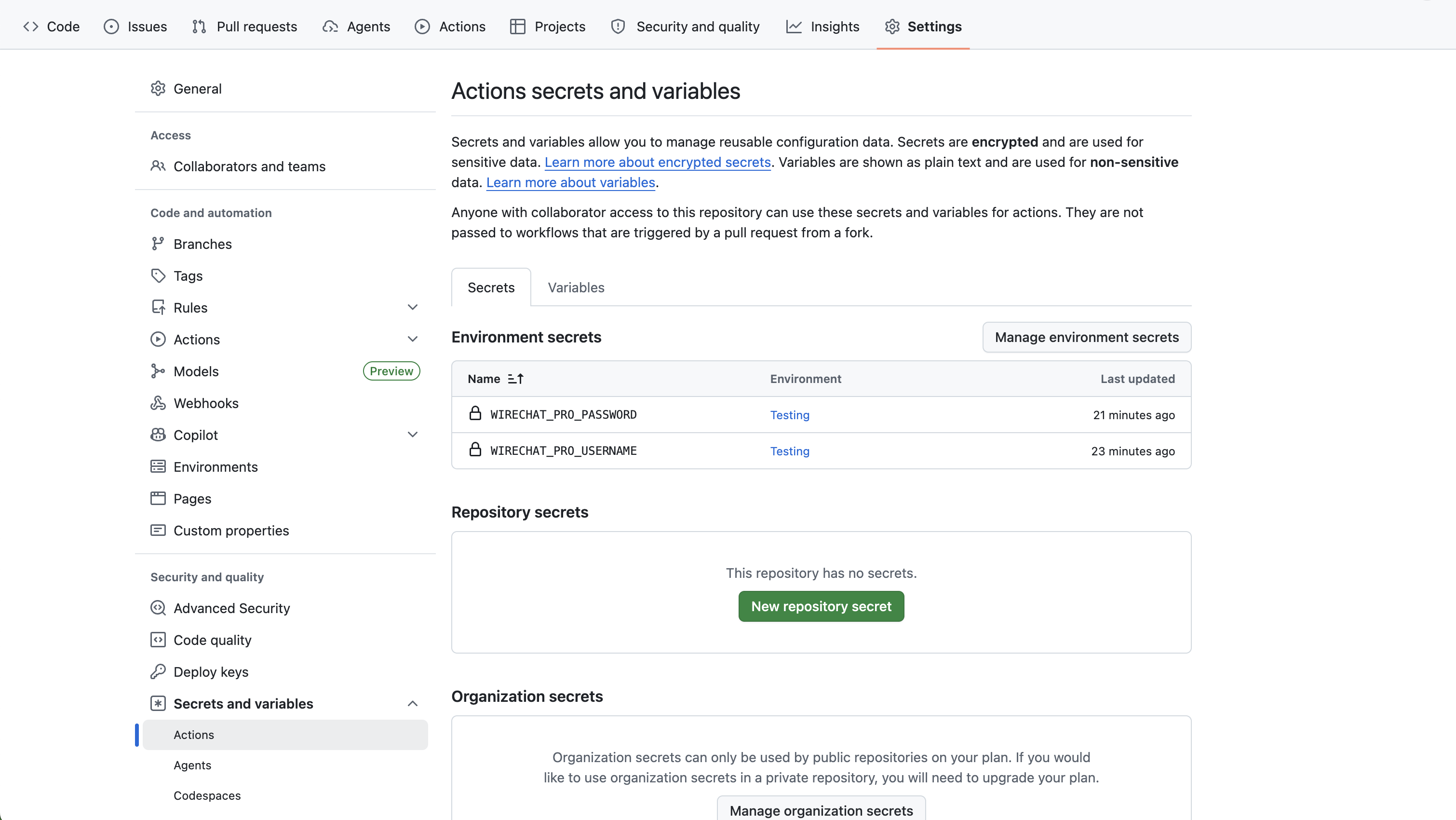 GitHub Actions secrets configured for Wirechat Pro