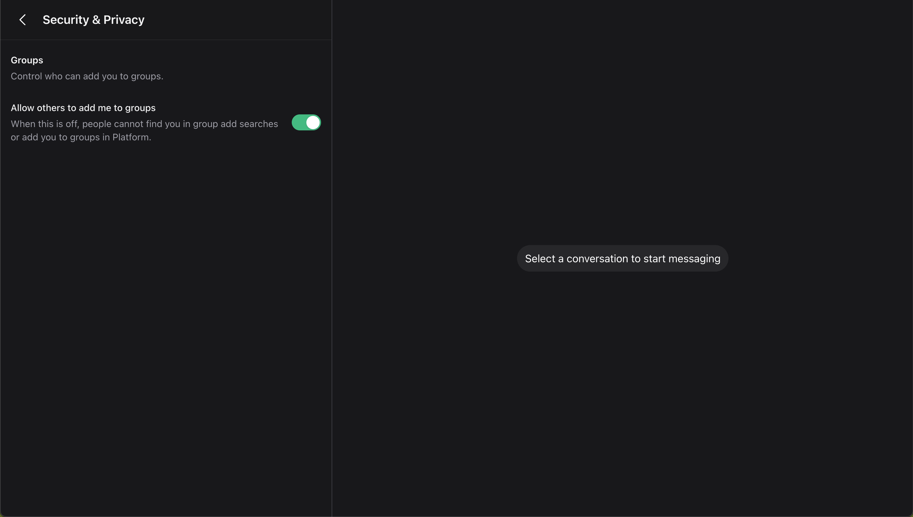 Wirechat settings drawer with for privacy and security showing groups