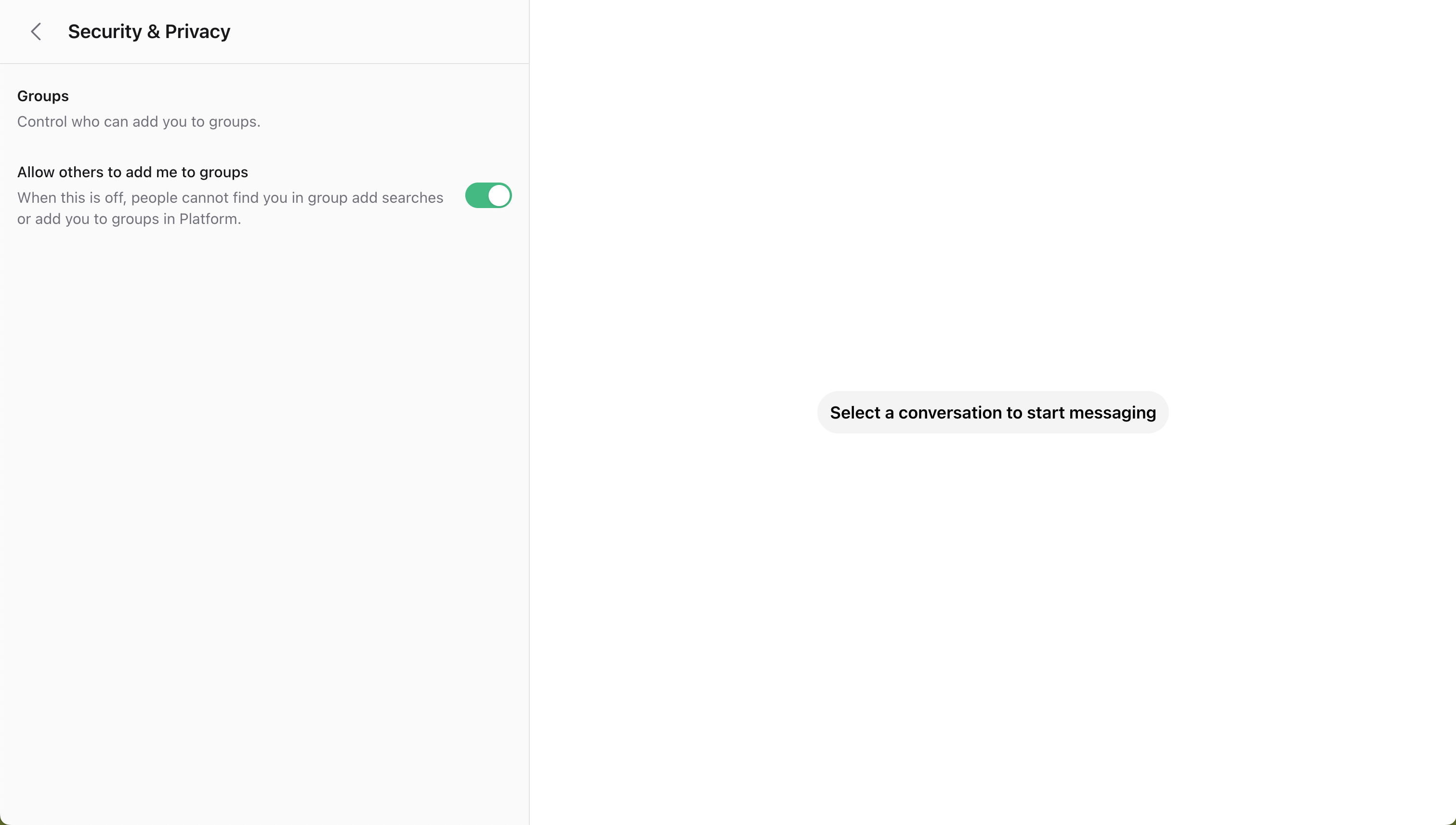 Wirechat settings drawer with for privacy and security showing groups